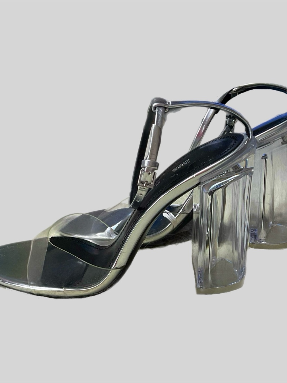 Zara Anna Metallic Silver Clear Block Heels Sandals Sz 6.5-7/37 Strappy Coquette